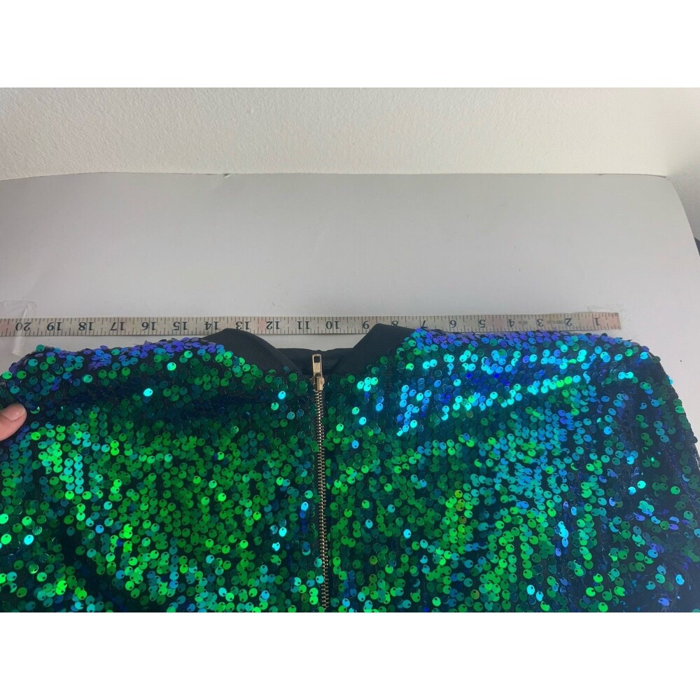 Anna-Kaci Green Blue Sequin Bomber Jacket Women’s Medium Sparkly Zip - Picture 4 of 5